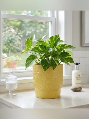 Yellow Ceramic Barrel Planter with Drainage Hole - 5 inch Handcrafted Textured